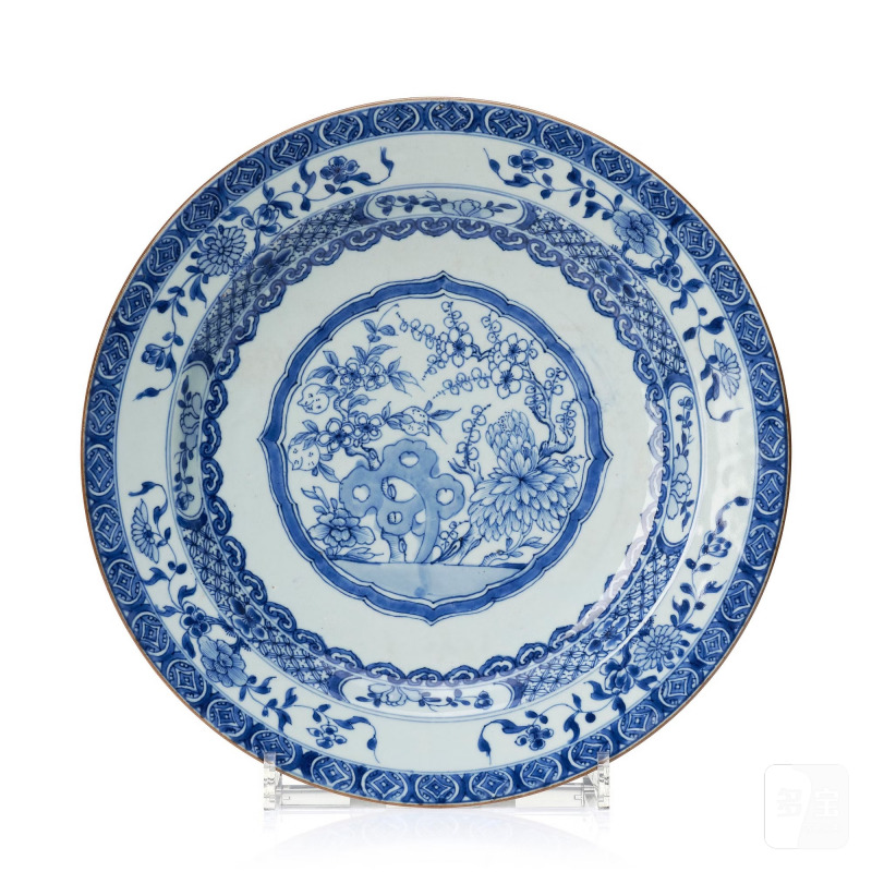 A large blue and white serving dish,